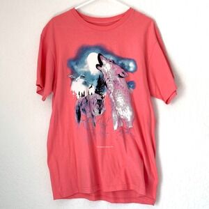 LRG Lifted Research Group Wolf Graphic T-Shirt Men L Pink Nature Moon Streetwear
